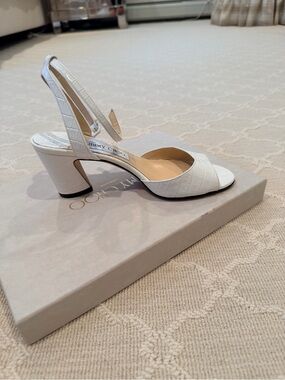 Jimmy Choo White Croc-Embossed Slingback Block Heel